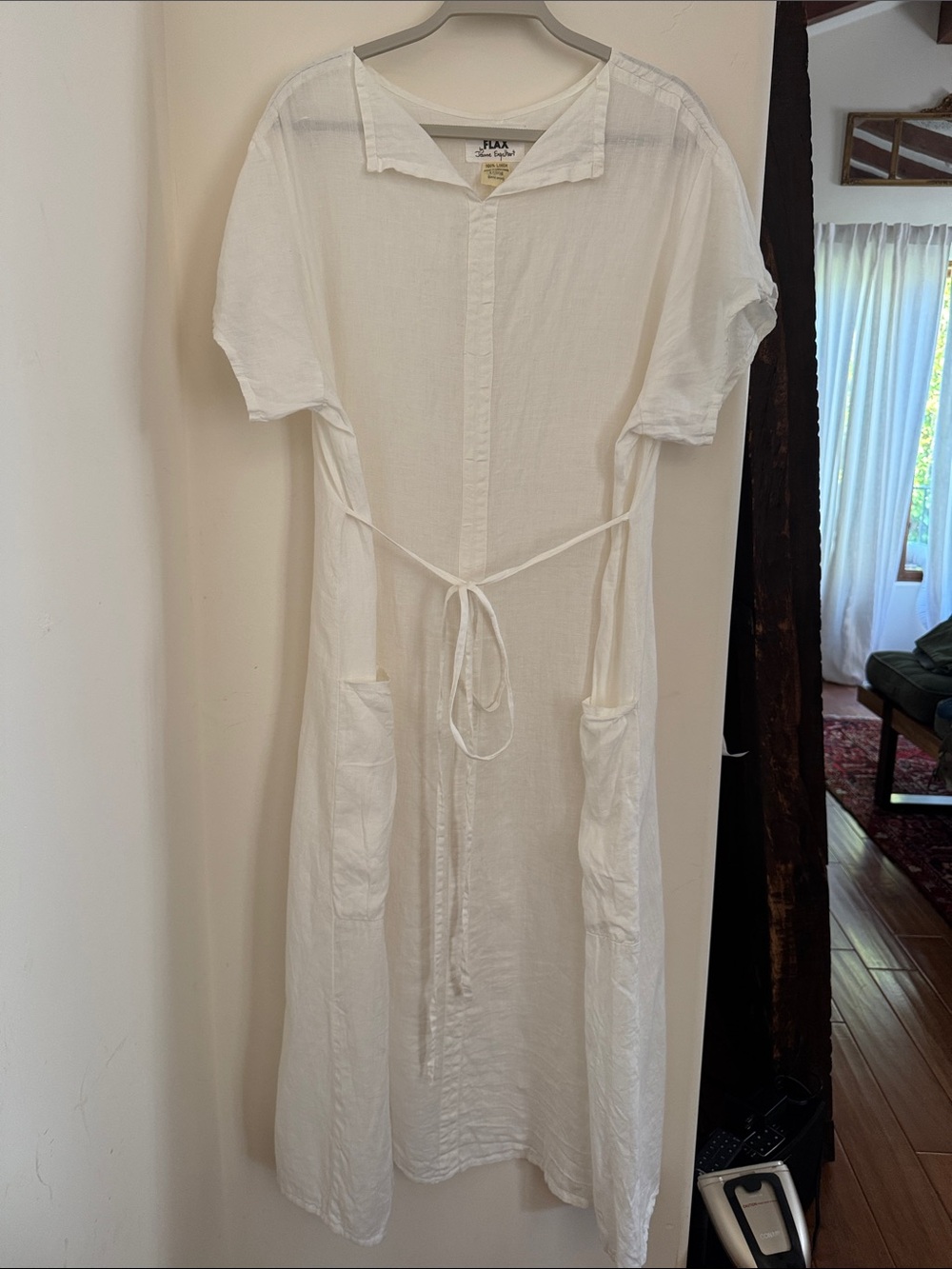 Flax by Jeanne Engelhart white linen midi dress w/tie waist Large 😊